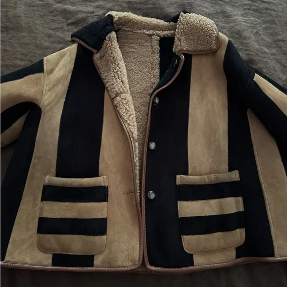 CawleyStriped Shearling Avis Jacket in Black & Tan